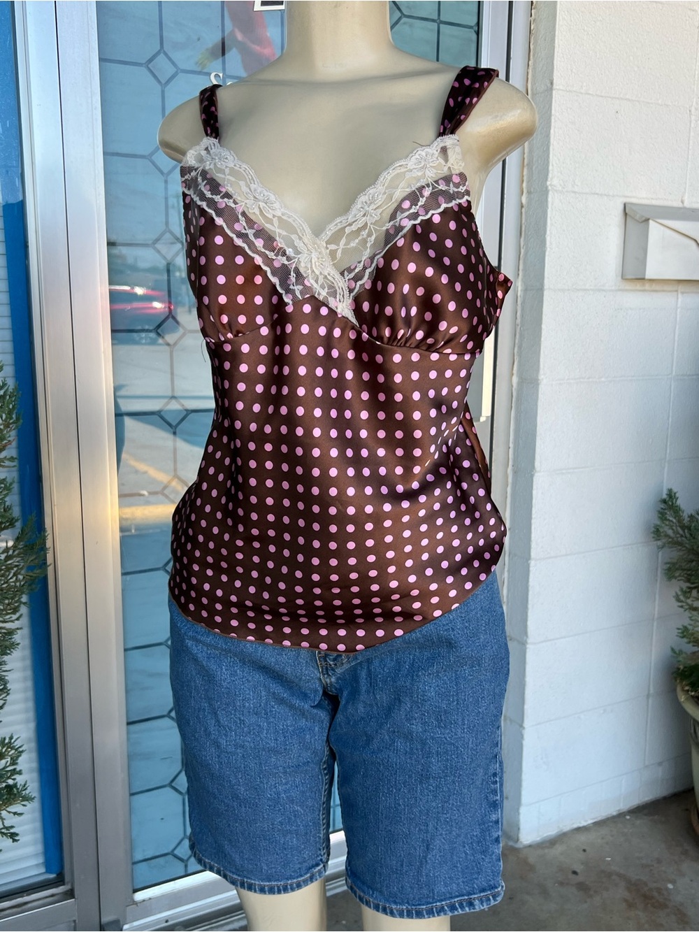 Eyeshadow Brown Satin Polka Dot Lace Trim Cami with Pink Dots Y2K